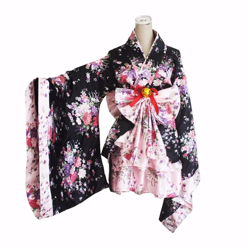 Japanese Kimono Sakura Printed Lolita Pink Short Sexy Layered Skirt Maid Cosplay Costume Halloween Fancy Dress For Women MN8