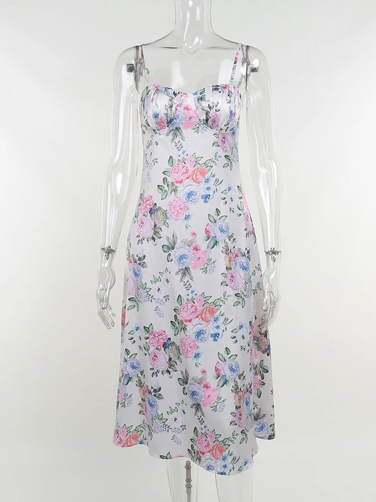 Robe longue à imprimé floral pour femme, style bohème, coupe basse, bretelles spaghetti, dos nu, batterie, vacances, plage, fête, streetwear, été