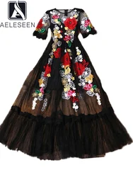 AELESEEN Luxury Dress 2022 Summer Fashion Designer New Elegant Flower Embroidery Appliques Black Mesh Slim Women Vintage Long