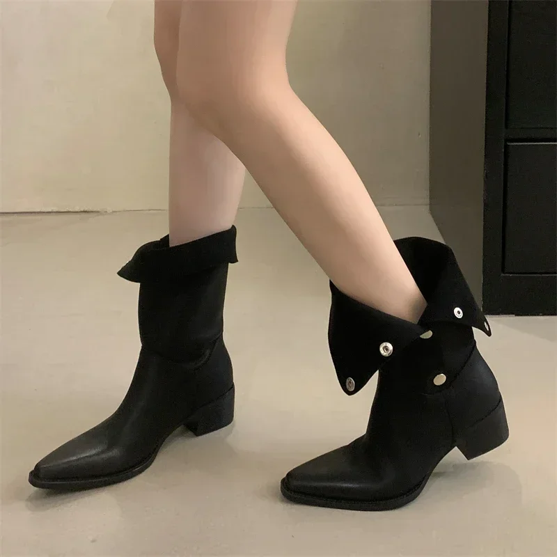 2025 New Fashion Pointed Toe  Ankle Boots Women Square Low Heels Buckle Strap Fold Short Booties Autumn Winter Shoes