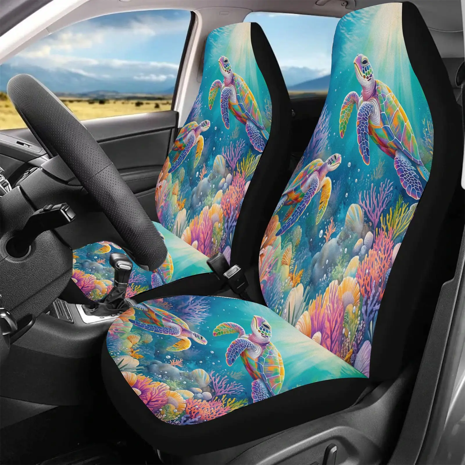 Fit Car Seat Covers Compatible For Car - Sea Turtle & Coral Reef Marine Theme, Non-Filled Ocean Front/Rear/Trunk Seats, Installa