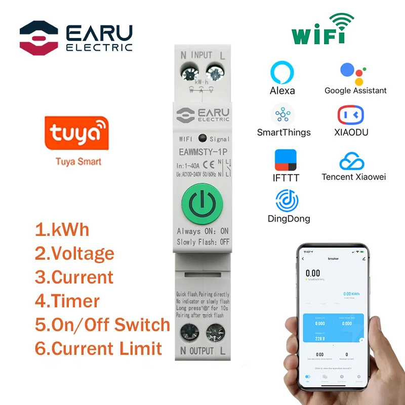 

Умный автоматический выключатель 1P + N Tuya с Wi-Fi, измеритель мощности и энергии в кВтч, таймер, реле времени, реле, вольтметр, ток, RCCB RCBO