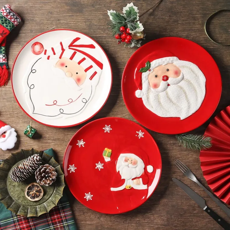 Hand-Painted Christmas Dinnerware Santa Claus Round Plates Porcelain Cartoon Dishes for Holiday Meals Seasonal Dining Plates