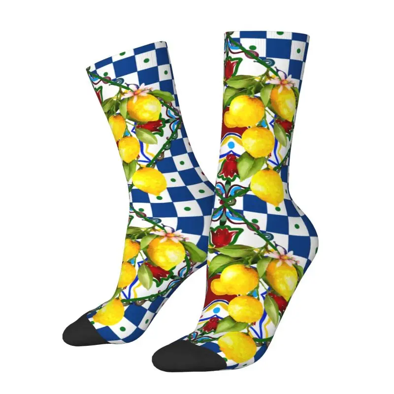 Custom Mediterranean Style Lemons Citrus Sicilian Tiles Dress Socks Men Women Warm Fashion Crew Socks