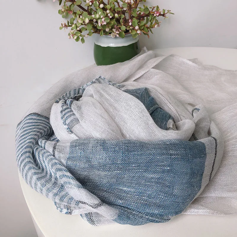 和風リネンコットンストライプスカーフ春秋暖かいソフト Kroean スタイルピュアリネンスカーフ