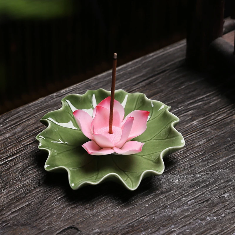 Ceramic Imitation Floral Thread Incense Tray Home Tea Room Aroma Diffuser Lotus Leaf Base Buddha Hall Incense Burner