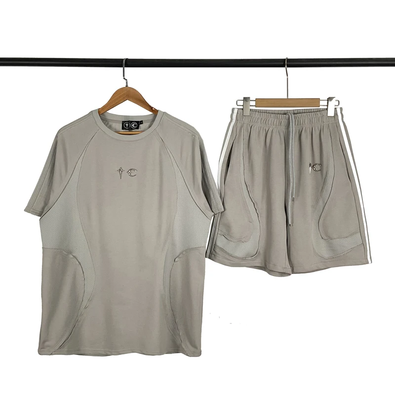 

New Arrival Unisex Thug Club T-shirt Short Sleeve High Street Fashion Metal Logo Splicing Mesh Sportswear Set