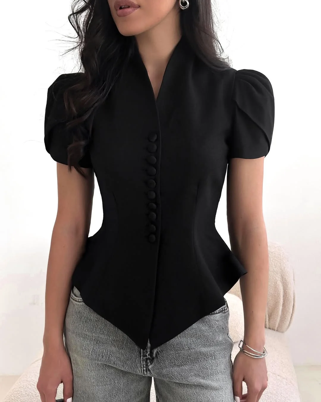 2026 Summer Elegant Slim Waist Shirts Women Puff Short Sleeve Stand Collar Buttons Irregular Shirts Female New Black Tops Cloth