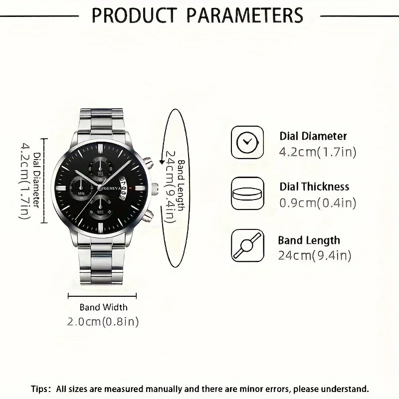 Мужские модные часы из 4 предметов с календарем - кварцевый механизм в деловом стиле с круглым циферблатом из нержавеющей стали