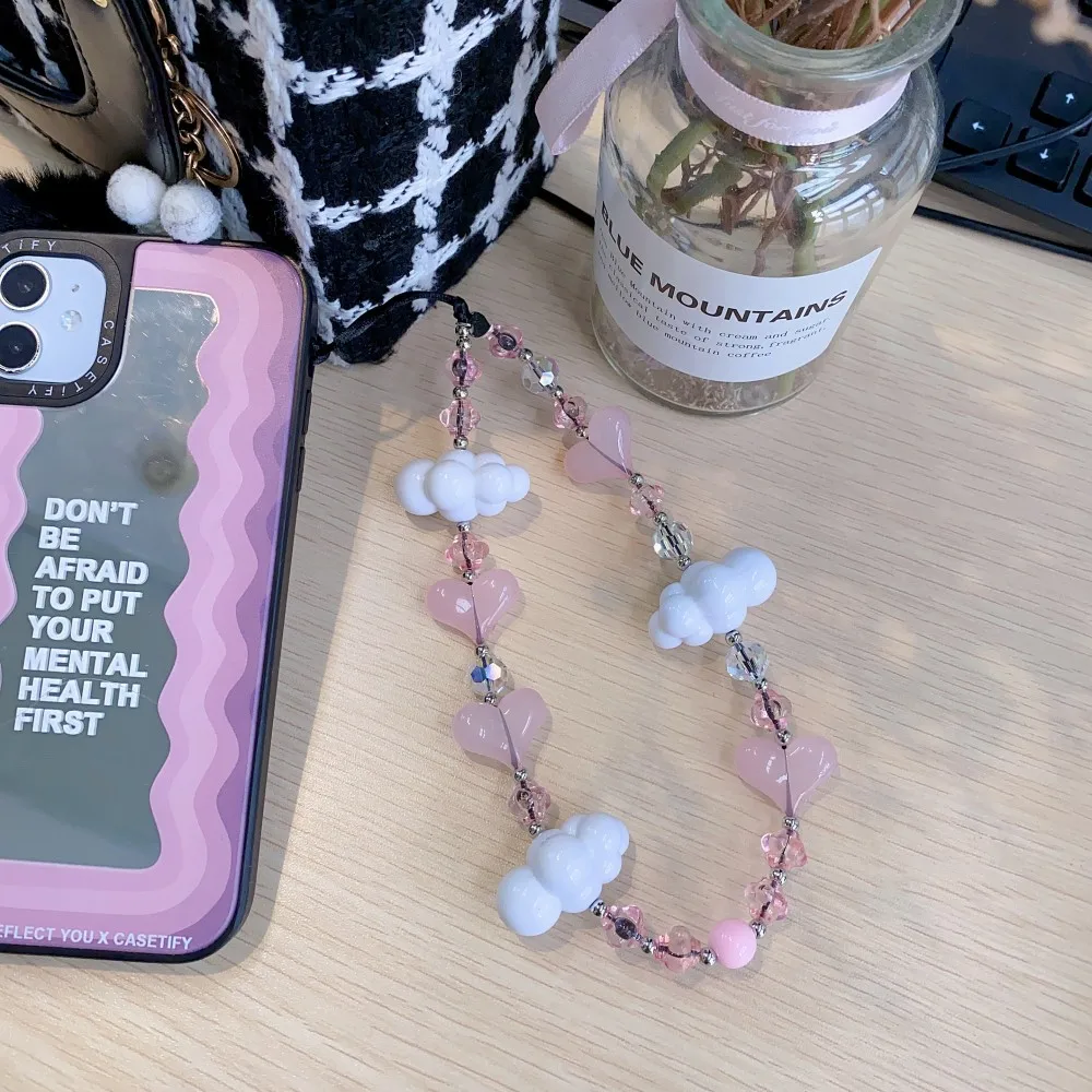 2023 Pink Heart Phone Straps White Clouds Phone Charm Cellphone Y2K Accesories Jewelry for Women Ins Fashion Korea Phone String