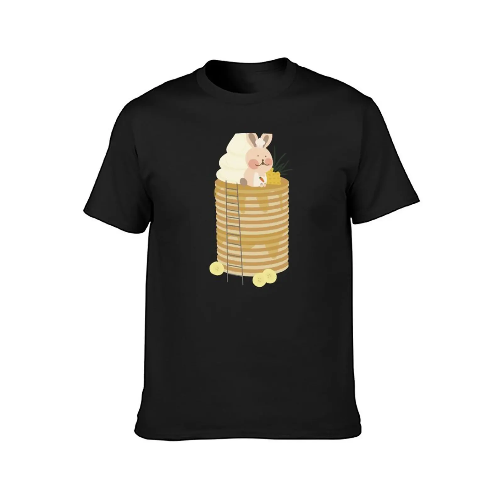 A cute rabbit and pancakes with bananas, honey, whipped cream and ladder T-Shirt tops korean fashion mens white t shirts