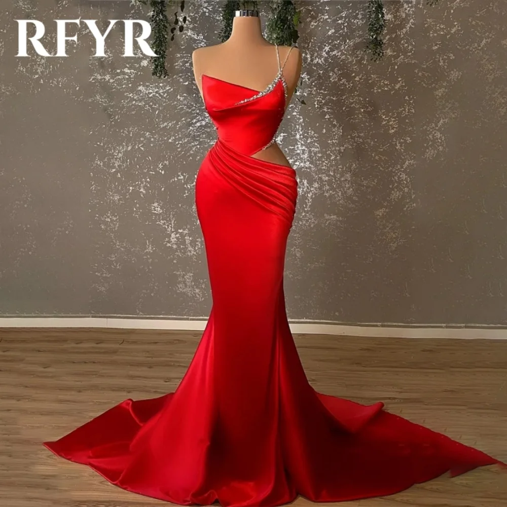 

RFYR Red Mermaid Sexy Evening Dresses Beading Charming Spaghetti Strap Prom Dress with Split Party Dress robe soirée Customized