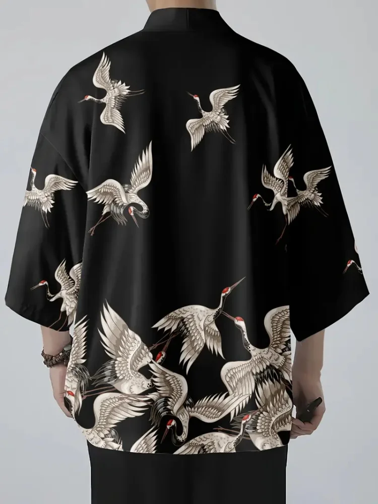 

Japanese Street Fashion Cardigan Kimono Classic Traditional Crane Print Casual Loose Cardigan Short Sleeve Cardigan Kimono