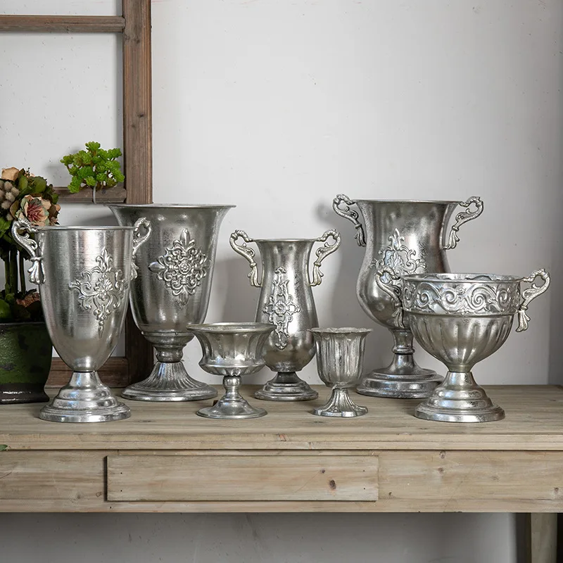 Silver Vintage Iron Flower Pot European Style Advanced Dry Flower Arrangement Device Wedding Home Vase Decoration Ornamentsents