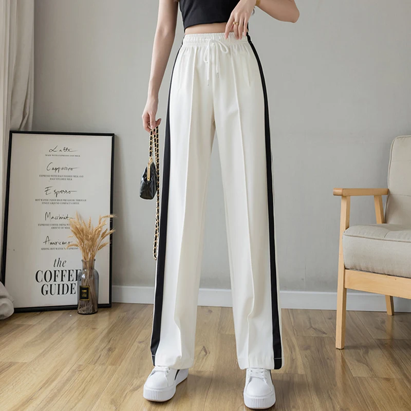 

White Women Pants High Waist Drape Loose Straight Casual Wide Leg Mopping Sports Pants Street Wear Summer Fashion New