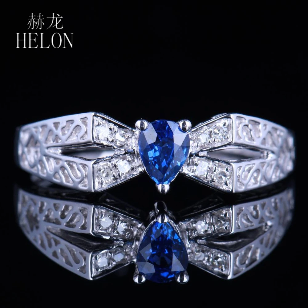 HELON Solid 14K AU585 White Gold Pear 4x5mm Genuine Natural Sapphire Diamond Engagement Ring Women Wedding Vintage Fine Jewelry