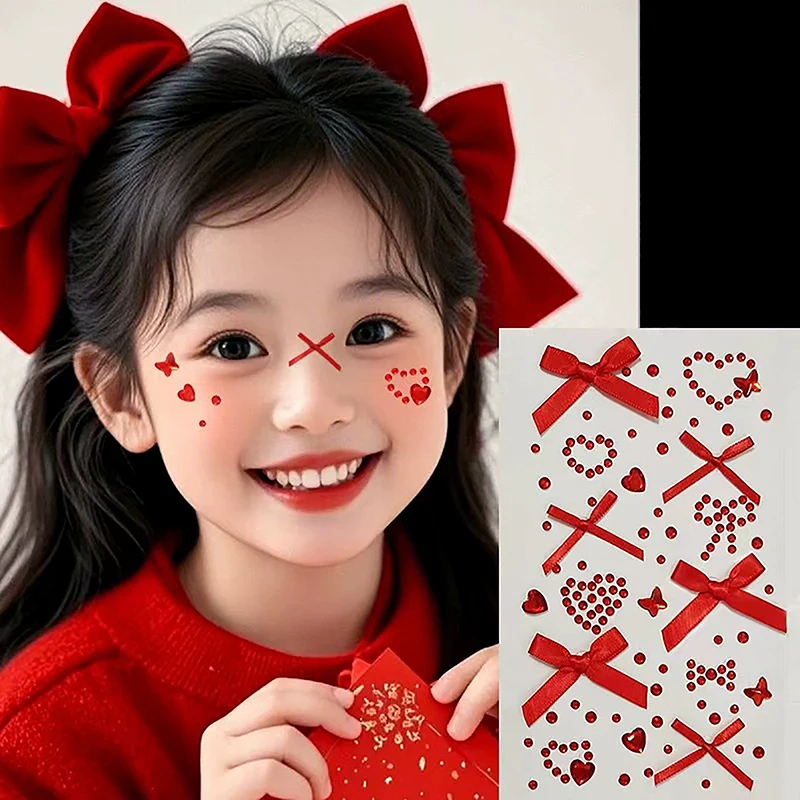 

2pcs 3D Sweet Love Face Sticker Pink Red Bow Diamond Stickers Makeup Decoration Performance With Backing Glue Traceless Sticker*