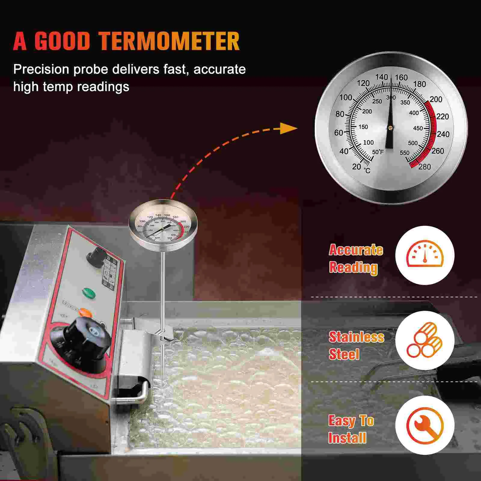 Termómetro de acero inoxidable para olla frita profunda, medidor de temperatura de aceite, cocina para freír