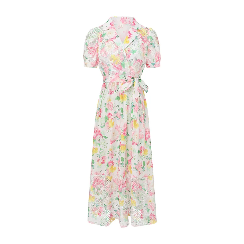 

Elegant Lace Summer Dress for Women Short Sleeve Flower Embroidery Sashes Long Evening Party Vestido Hollow out Runway Style