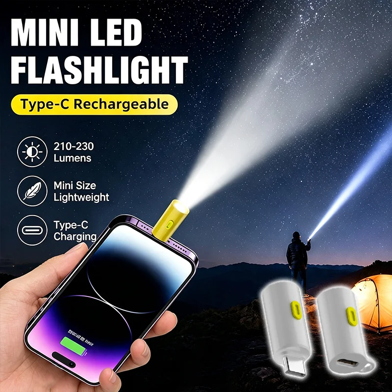 230 High Lumens Mini Flashlight Type-C Plug and Play Pocket Light with Lanyard Portable LED Torch for Outdoor Camping Emergency
