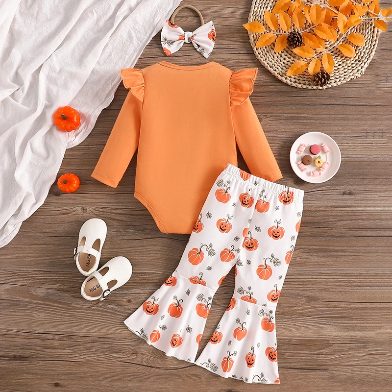 3-Pieces Baby Girls Halloween Set Long Sleeve Ruffled Romper Flare Bow Pants Hair Band Letter Witch Pumpkin Print Outfits