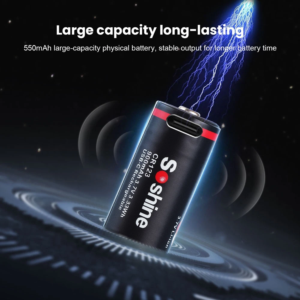 Soshine USB 16340 900mah Rechargeable Battery 3.7V CR123 RCR123 Lithium Battery 100% Original Batteries for Camera Flashlight