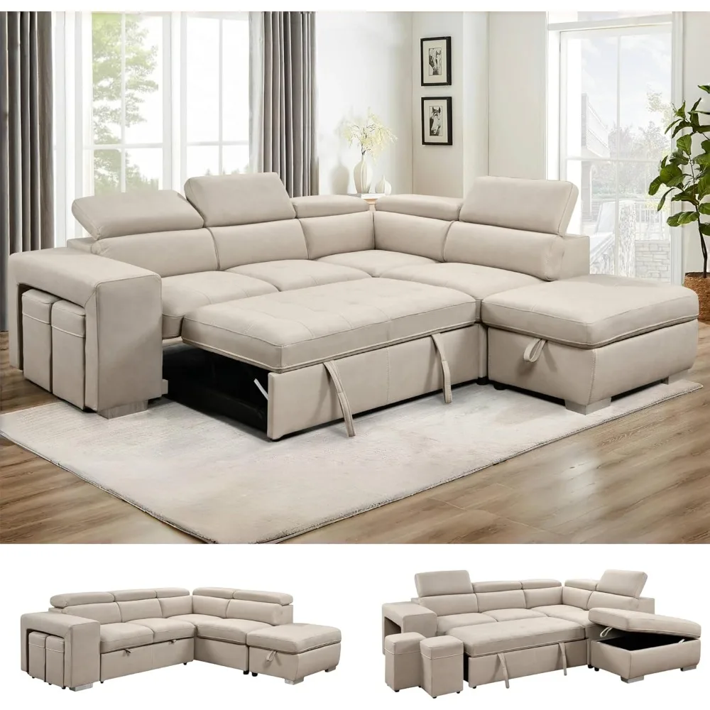 

104'' Microfiber L Shaped Sectional Sleeper Sofa Couch with Pull Out Bed and Storage Ottoman, Convertible Couches