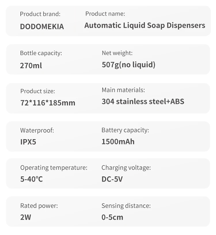 270 ml Küchenseifenmaschine, automatischer Sensor, Händedesinfektionsmittel, intelligenter elektrischer Körperwasch-Seifenspender, Edelstahl 304 – Detail 27