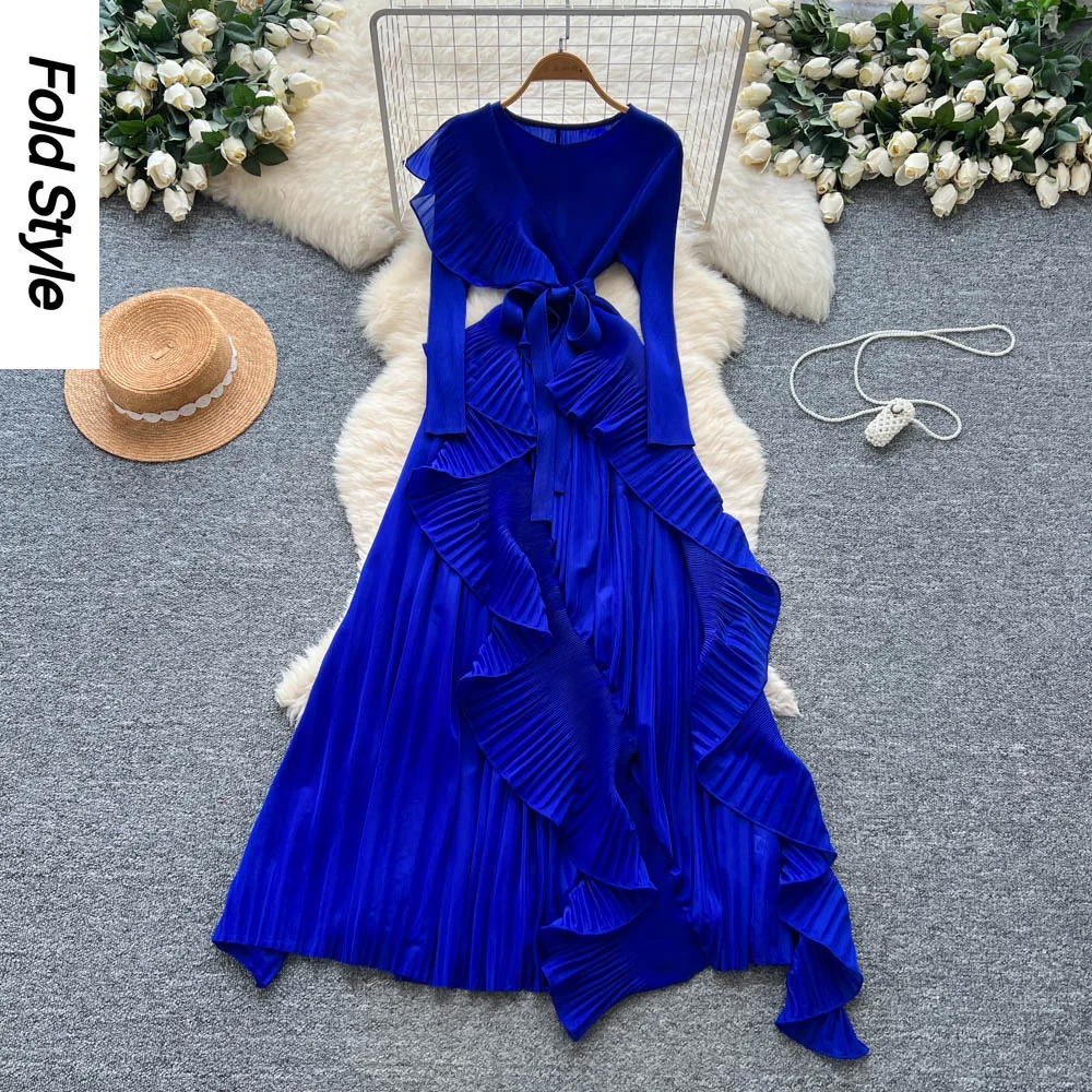 miyake-robe-plissee-femmes-2025-automne-senior-sens-sangle-taille-irreguliere-bord-a-volants-jupe-longue-plissee