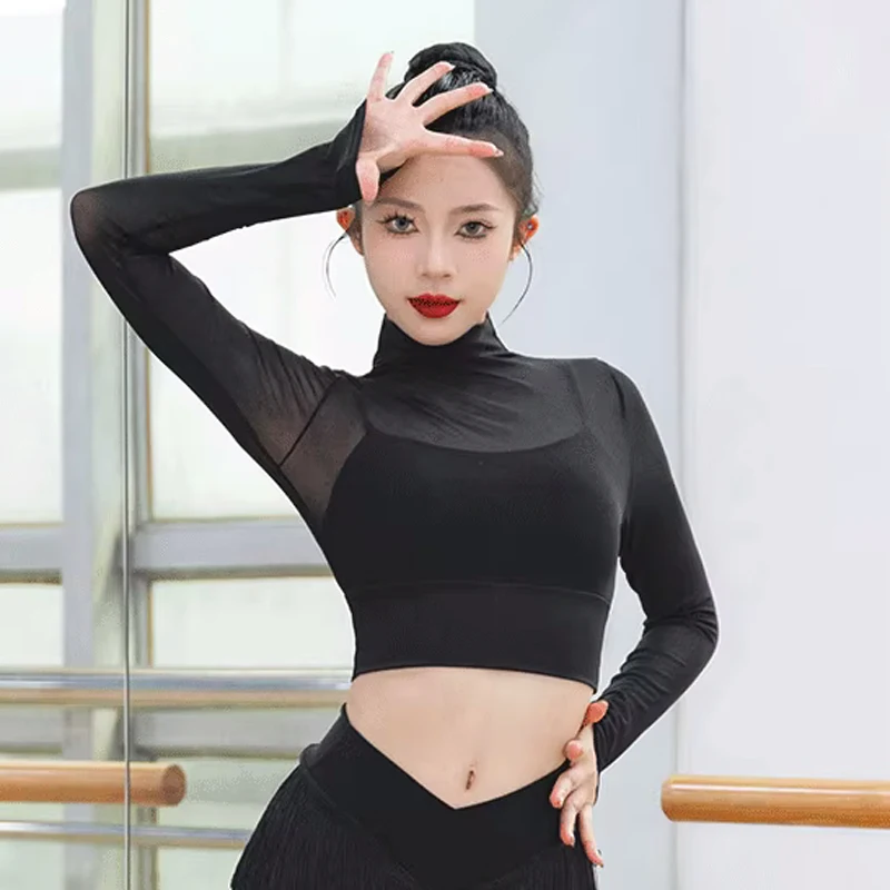 Latin Tops Women Dance Basic Training Tops Female Dancewear Ballroom Samba Dancing Practice Long Sleeves High-NecK Shirt XH1261