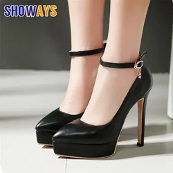 2024 Women Platform Pumps 13cm High Thin Heels Black Beige Pink PU Wedding Party Office Lady Pointed Toe Ankle Strap Dress Shoes