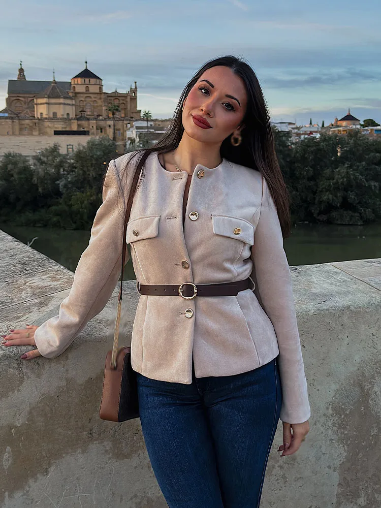 HH mujer cinturón de bolsillo falso de un solo pecho decorar chaquetas de calle otoño mujer moda cuello redondo manga larga abrigo corto 3 colores