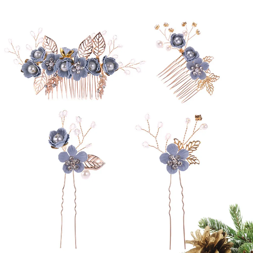 1Set Retro Bridal Hair Comb Set Metal Leaf Cloth Flower Beads Rhinestone Insert Comb Wedding Party Engagement Hair Sticks