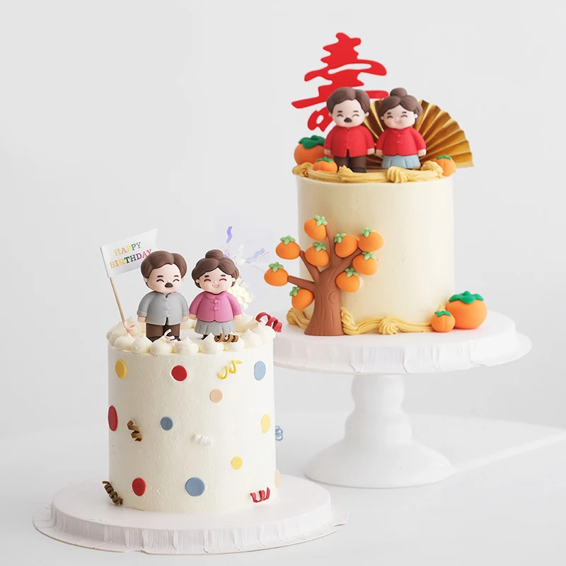 Grandpa Grandma Old Man Happy Birthday Party Doll Ornament Gifts Cake Topper Red Fan Chinese-style Blessing Door Baking Supplies