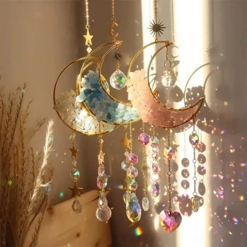 Hourglass Moon Purple Blue Green Pink Crystal Sun Catcher Pendant Decoration, Half Moon Window Hanging Pendant - Home and Garden