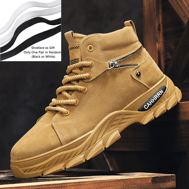 

New Men's High Top Boots Trendy Khaki Motorcycle Boots Outdoor Warm Platform Boots Men Lace-up Leather Hard-wearing Boots