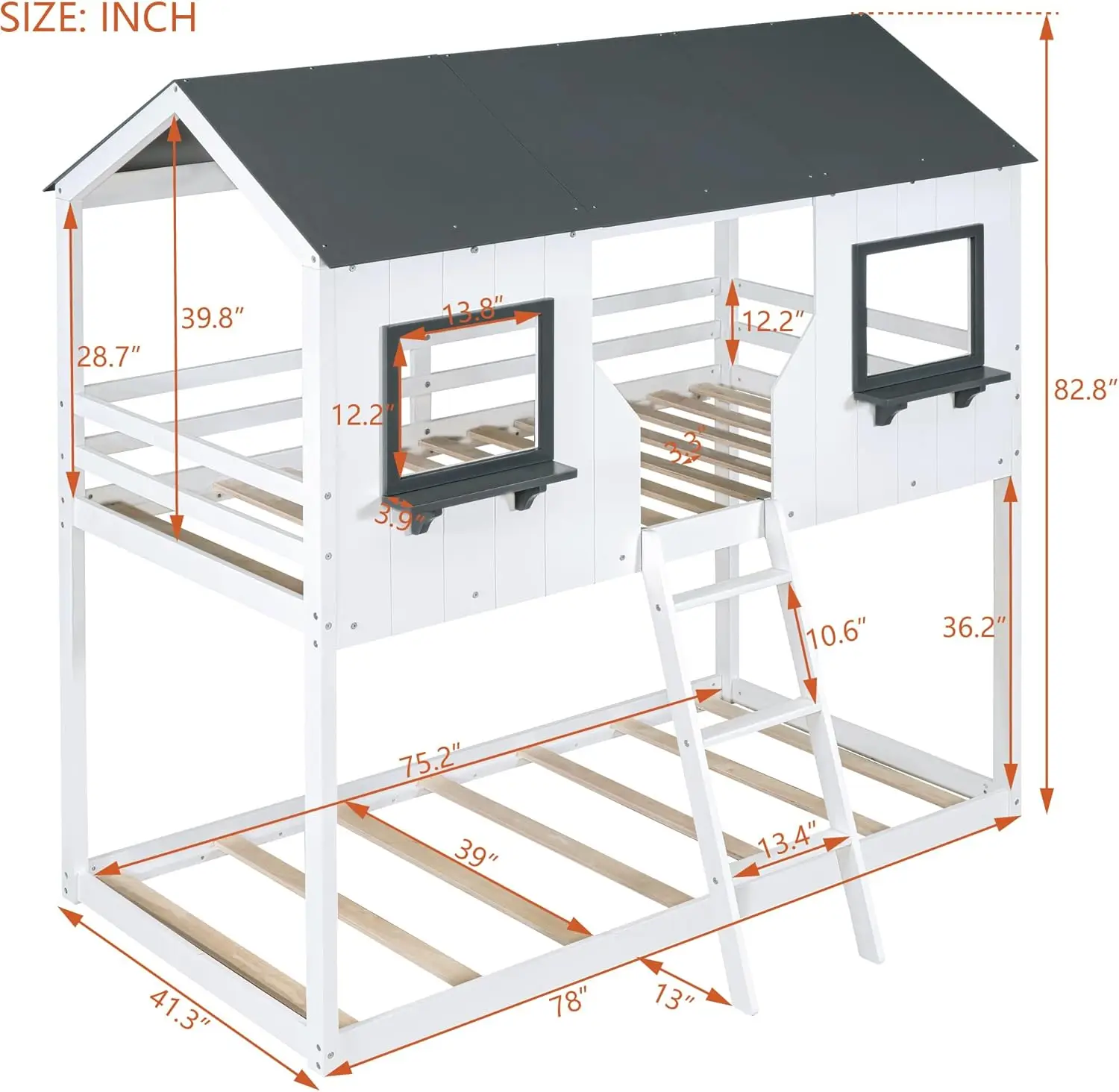 House Shaped Solid Wood Bunk Bed With Roof, Window, Guardrail And Ladder For Teens, Girl Or Boys, White