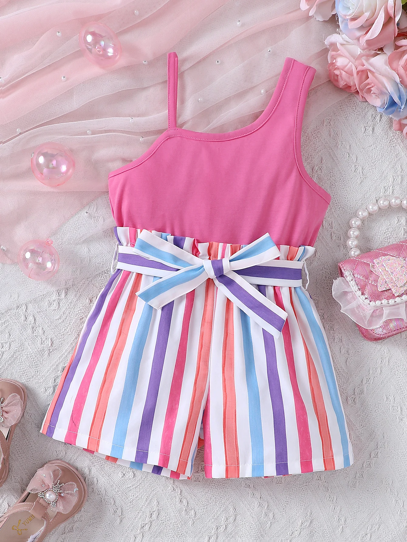 Girls' new casual style knitted patchwork jumpsuit with slanted shoulders and colorful stripes in summer