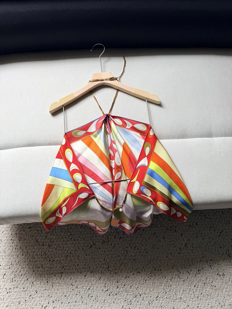 

Summer Fashion Beach Resort Geometric Print Sexy Backless Silk Tops Women's Metal Chain Lace-Up Hang One's Neck Sleeveless Tops