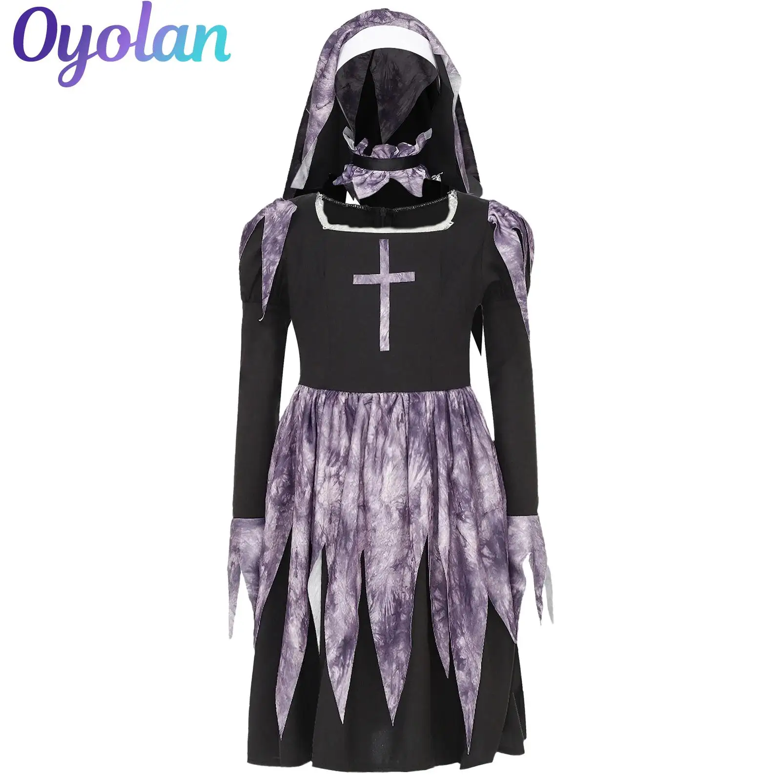 Girls Nun Religious Halloween Themed Party Cosplay Costume Lace Ruffled Dress with Matched Veil And Touch Fastener Neckwear