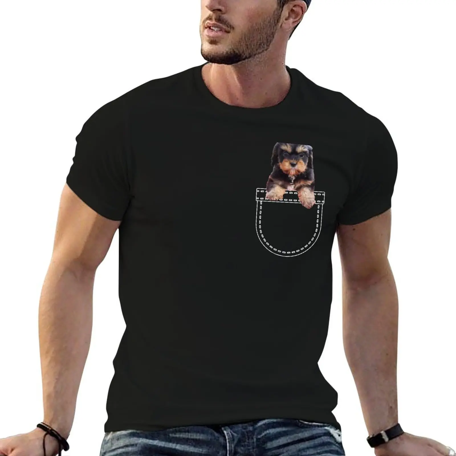 

Puppy in a pocket. Tricolour Cavoodle / Cavapoo puppy in a pocket. Funny, cute photo and line drawing pocket T-Shirt