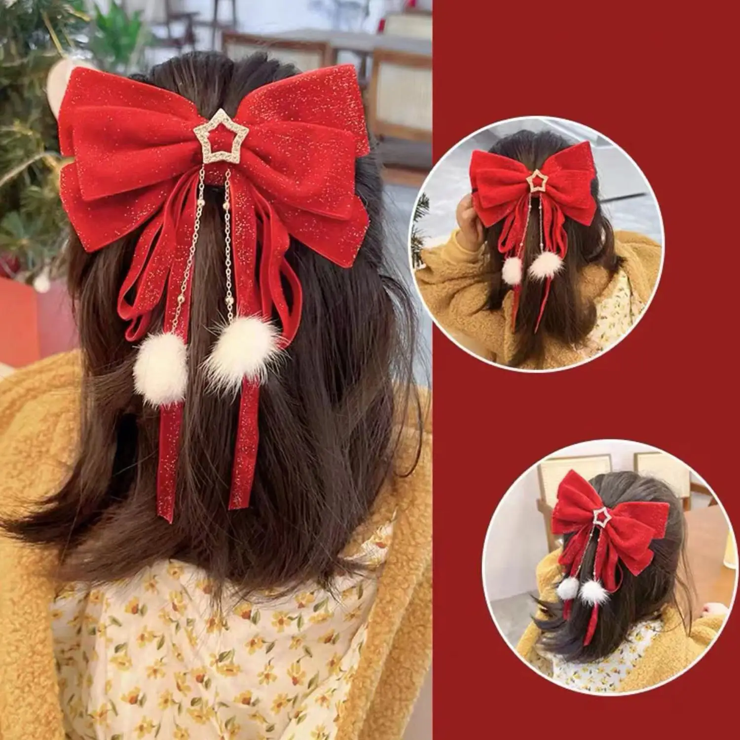 

2025 New Year Hair Clips For Women Girls Red Golden Velvet Bow Hair Ornament Hair Pins Chinese Style Barrettes Hair Accessories