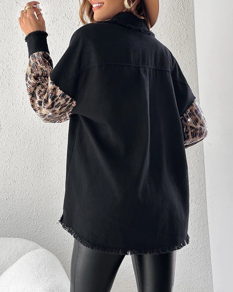 Women’s Turn-down Collar Jackets Contrast Leopard Sequin Patchwork Long Sleeve Jacket Top Button Front Raw Hem Shacket