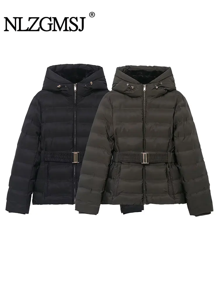 

NLZGMSJ женская зимняя куртка 2025 женская новая мода однотонная парка с длинным рукавом на молнии с капюшоном пальто с поясом женские повседневные пальто