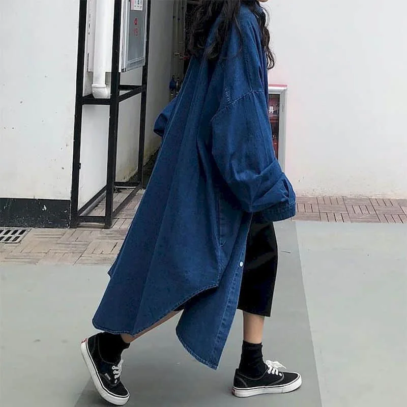 Denim Trench Coats Women Long Sleeve Casual Korean Style Workwear Jackets Vintage Ankle Length Oversized One-piece Women Tops
