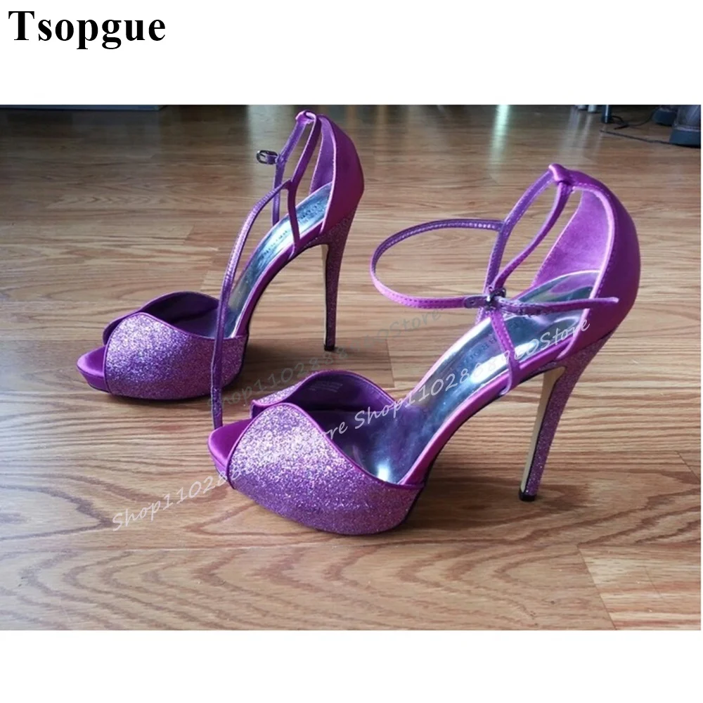 

Luxury Purple Sparkling Glitter Sandals Thin High Heel Women Shoes Ankle Buckle Strap Peep Toe 2025 Fashion Zapatos Para Mujere