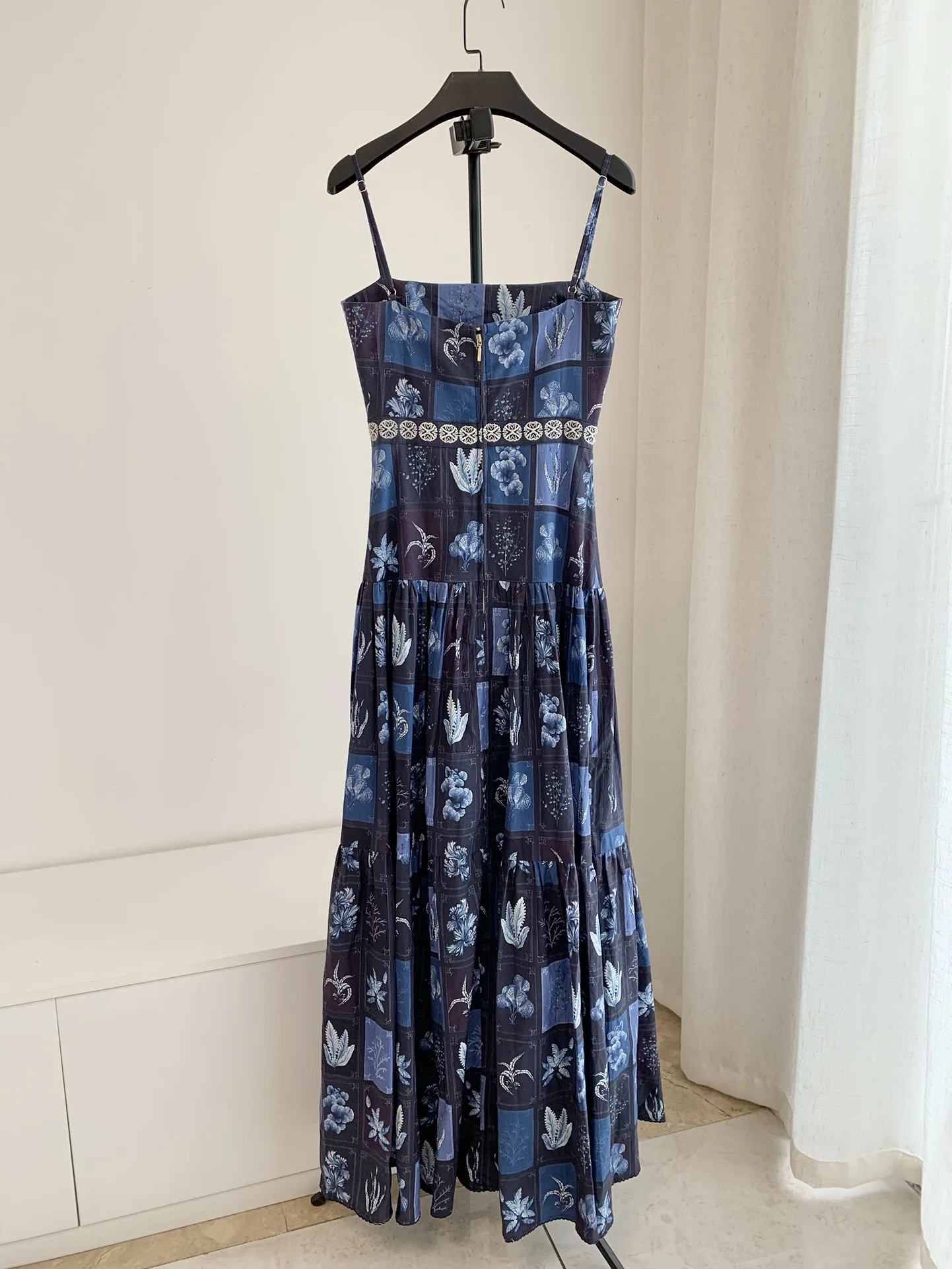 Women 100% Linen Plant Printed Heavy Embroidery Sexy Strapless Holiday Long Sling Dress