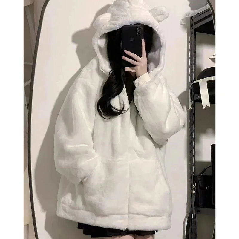 Gidyq Women Korean Rabbit Fur Coats Fashion Elegant Female Plush Hooded Jacket Winter Thick Warm Student Cute Loose Overcoat New