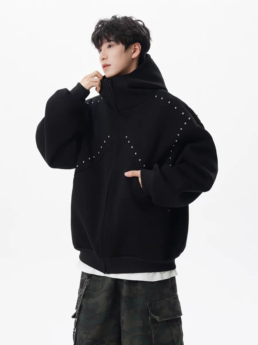 American Retro High Street Hooded Sweatshirt with Rivet Design, Stylish Men's High-end Autumn Trendy Cool Jacket