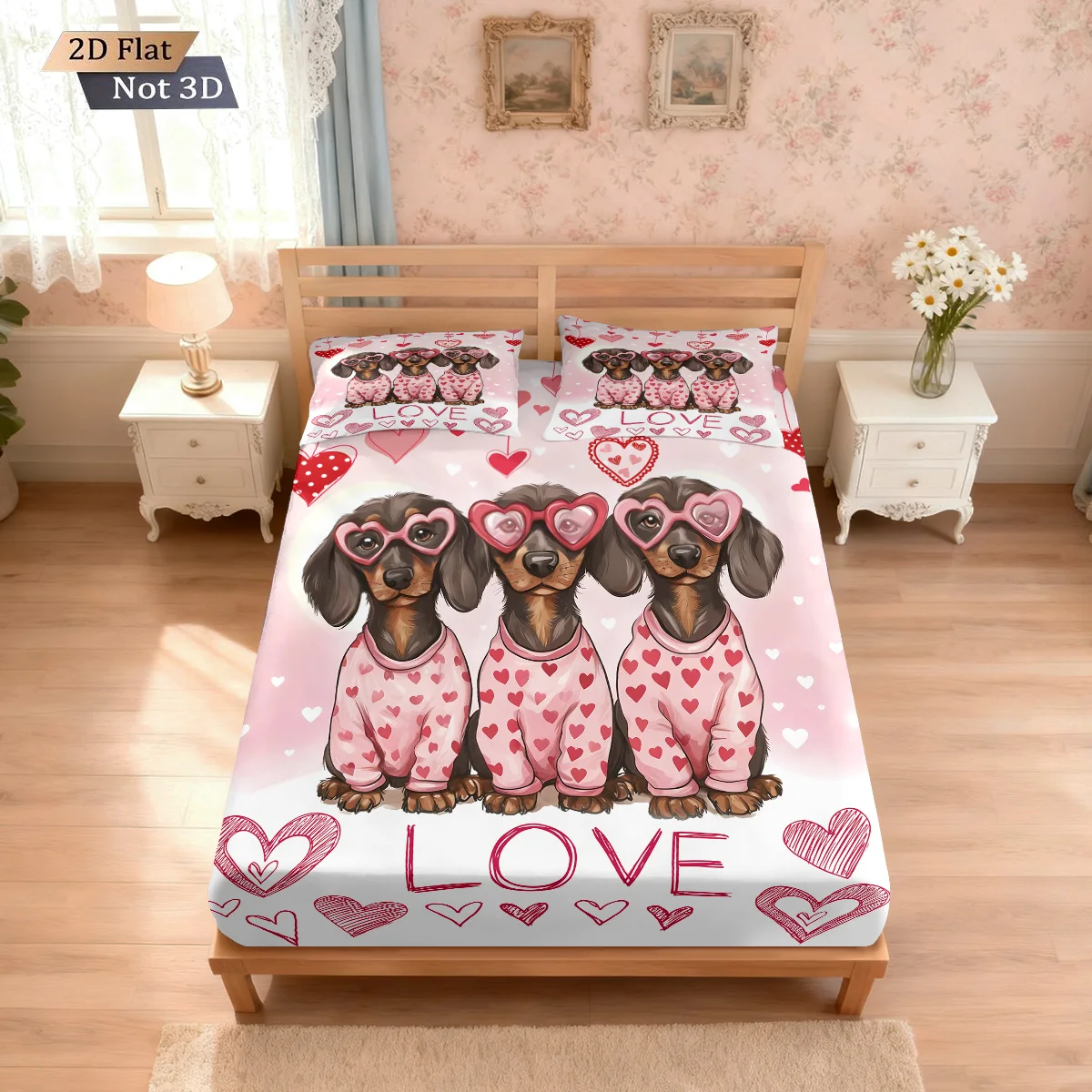 

3pcs Valentine's Day Romantic Sausage Dog Love Print Coreless Fitted Sheet Set Multi Size Bedroom Bedcover Decoration